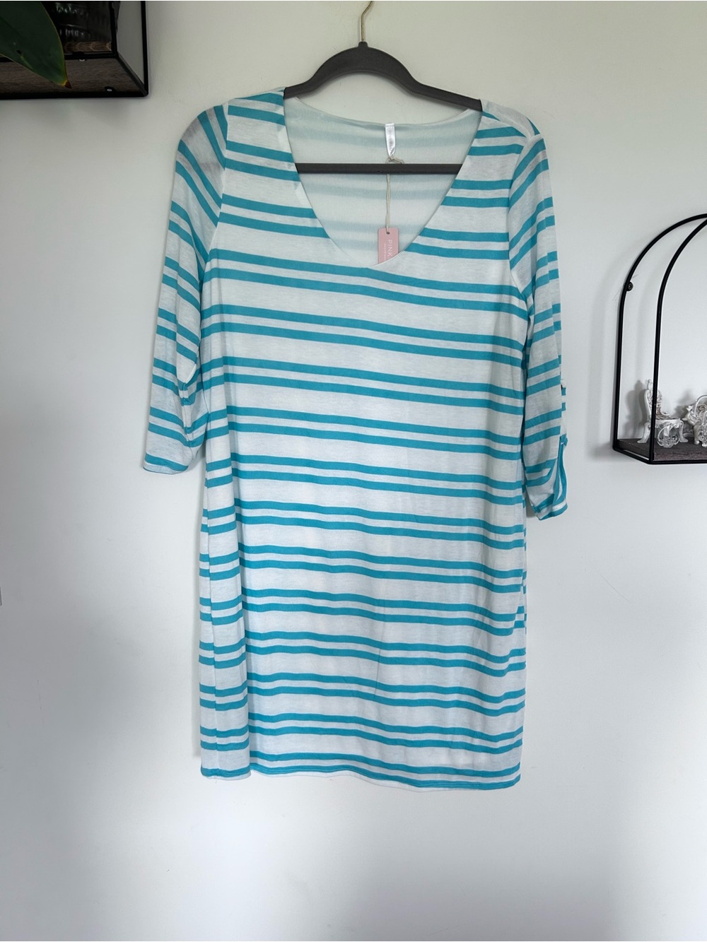 NWT PinkBlush Teal & White Striped Long Sleeve Maternity Mini Dress Size Large